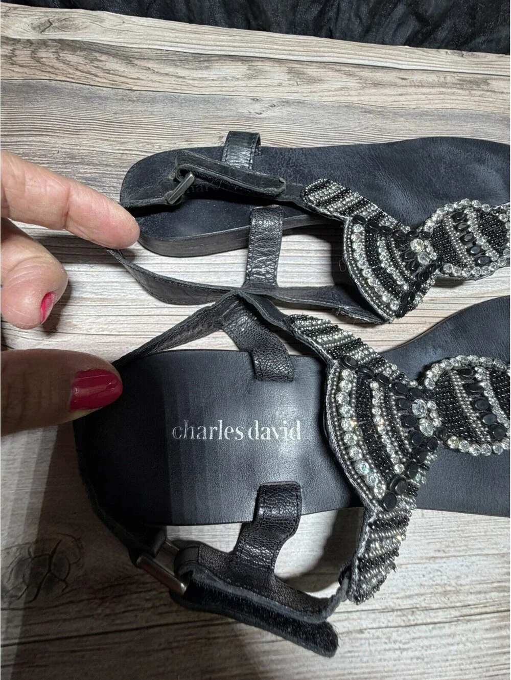 Charles David Sandals Sz 8 Black Leather Beaded Rhinestones